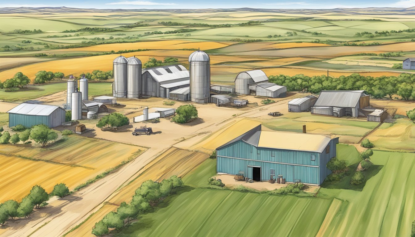 A rural landscape in Lubbock County, Texas, featuring agricultural land, farm buildings, and administrative offices