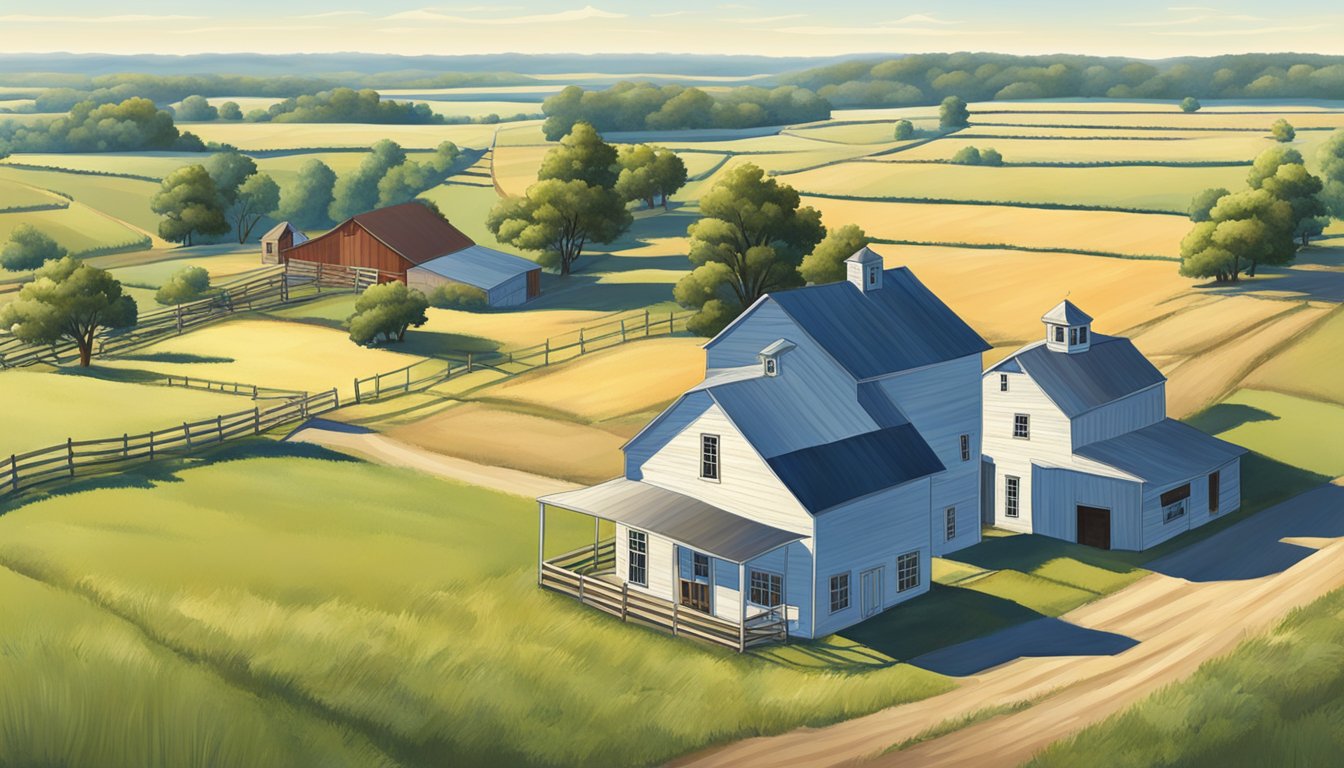 A rural landscape in Kent County, Texas, with a farmhouse, barn, and open fields, under a clear blue sky