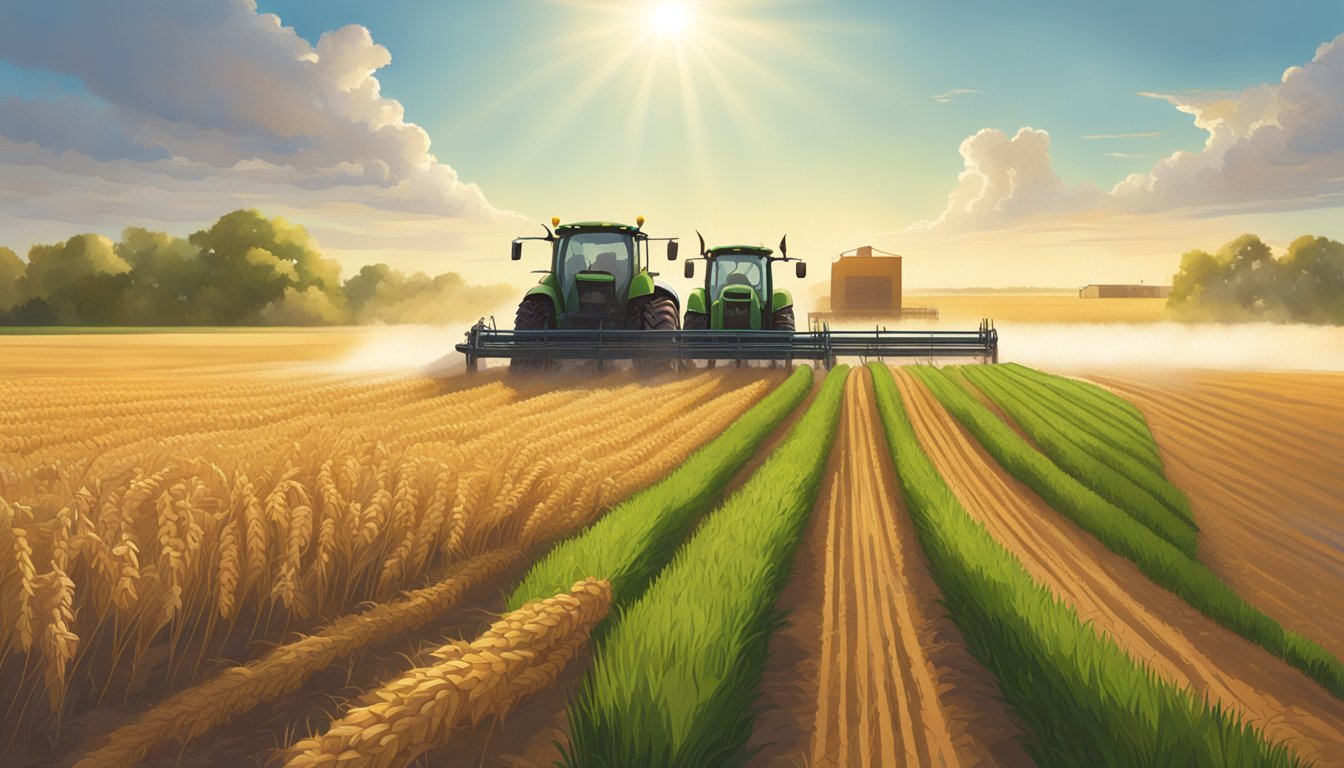 Rolling fields of wheat and cotton stretch to the horizon under the bright Texas sun, with tractors and irrigation systems dotting the landscape