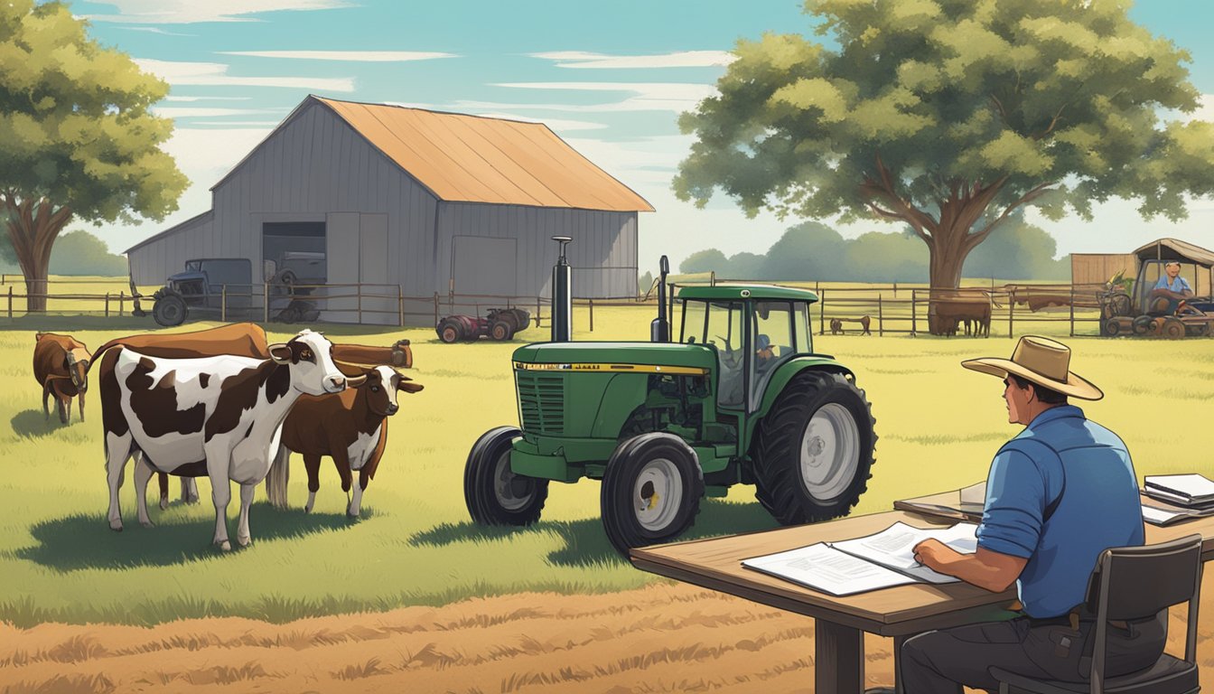 A farmer fills out paperwork at a desk while surrounded by agricultural equipment and livestock in a rural Texas setting