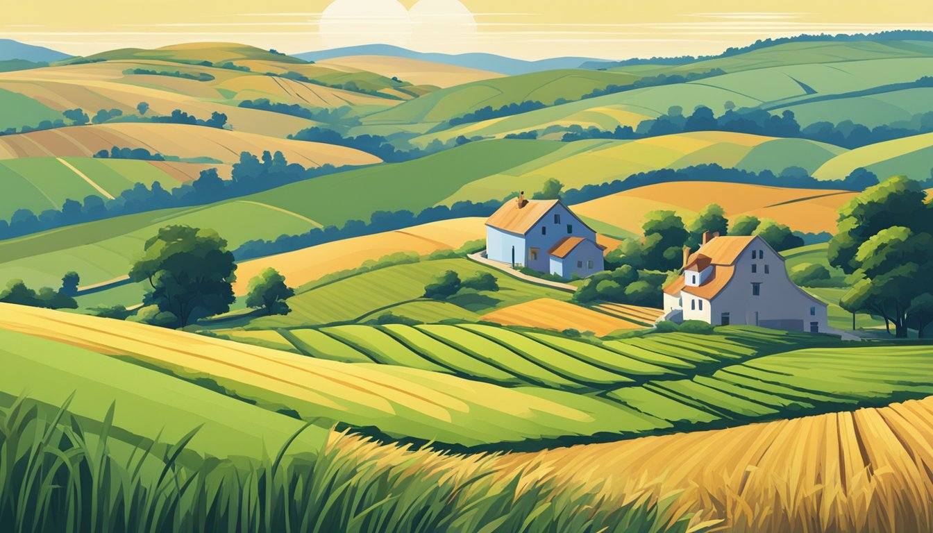 A farmer tending to crops in a vast field, surrounded by rolling hills and a clear blue sky, with a small farmhouse in the distance