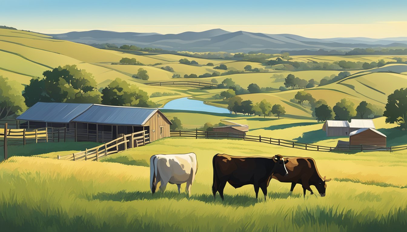 A ranch in Kent County, Texas with rolling hills, grazing cattle, and a clear blue sky, showcasing the agricultural exemption