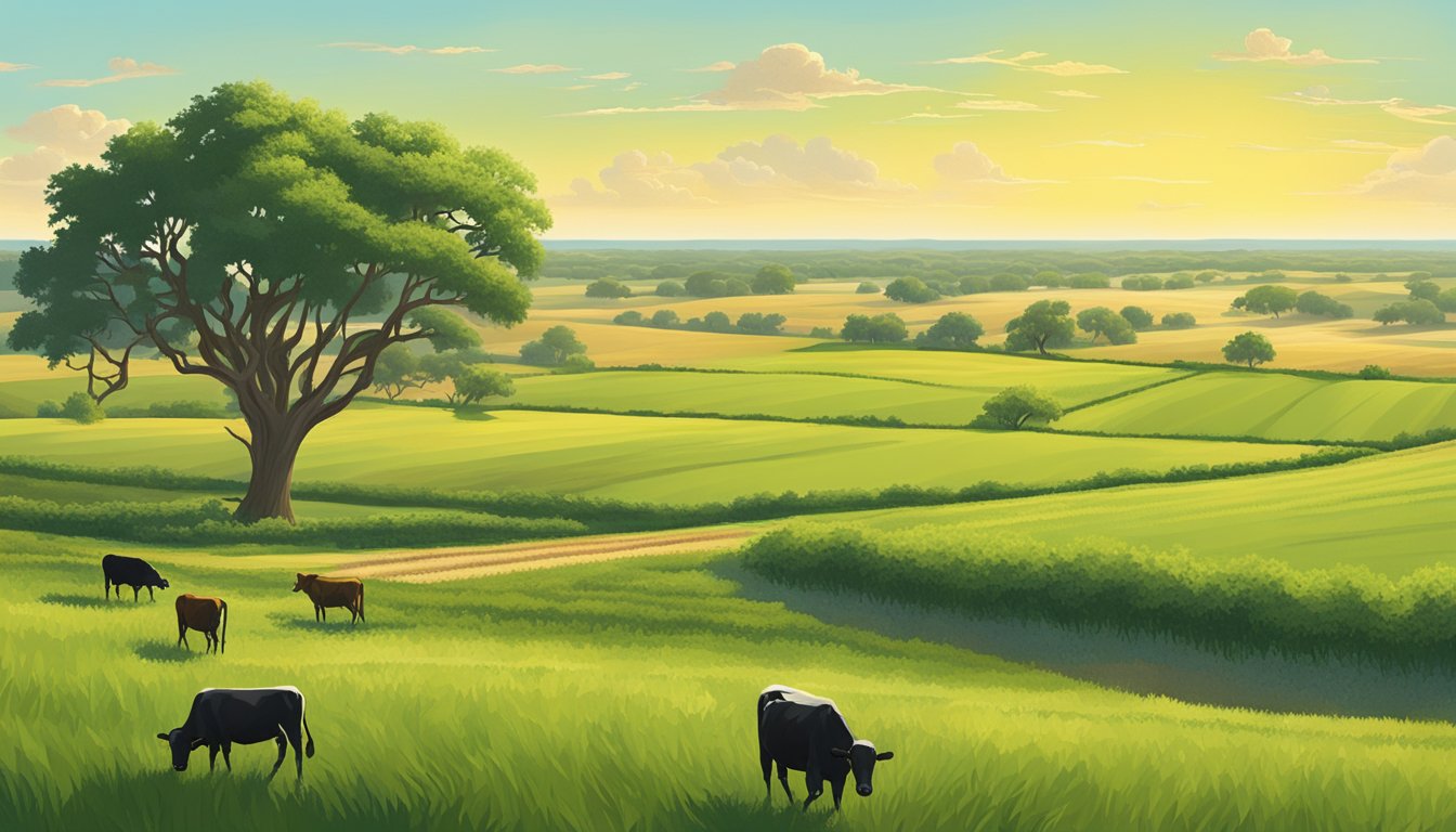 Lush green fields of corn and wheat spread across the vast landscape of Live Oak County, Texas, with cattle grazing in the distance under the warm sun