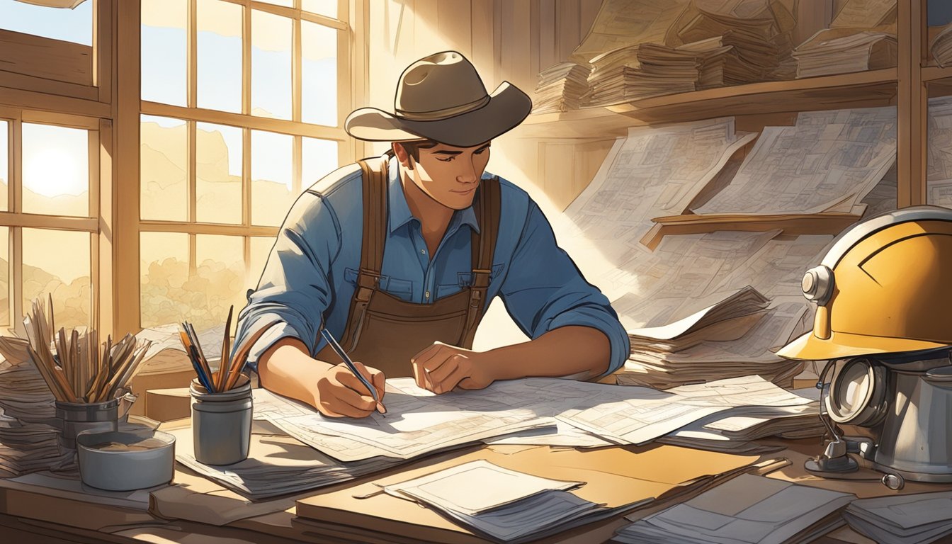 A rancher filling out paperwork at a cluttered desk, surrounded by maps, forms, and agricultural equipment. Sunshine streams through a window onto the paperwork