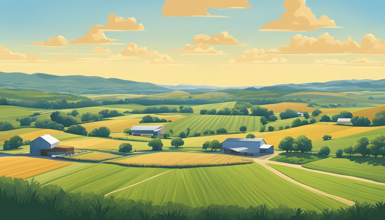 A sprawling farm in Johnson County, Texas, with fields of crops and grazing livestock, surrounded by rolling hills and a clear blue sky