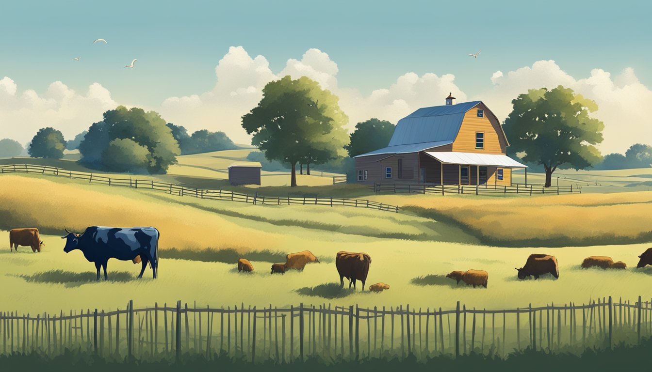 A rural landscape with a farmhouse, barn, and grazing cattle under a blue sky in Kaufman County, Texas