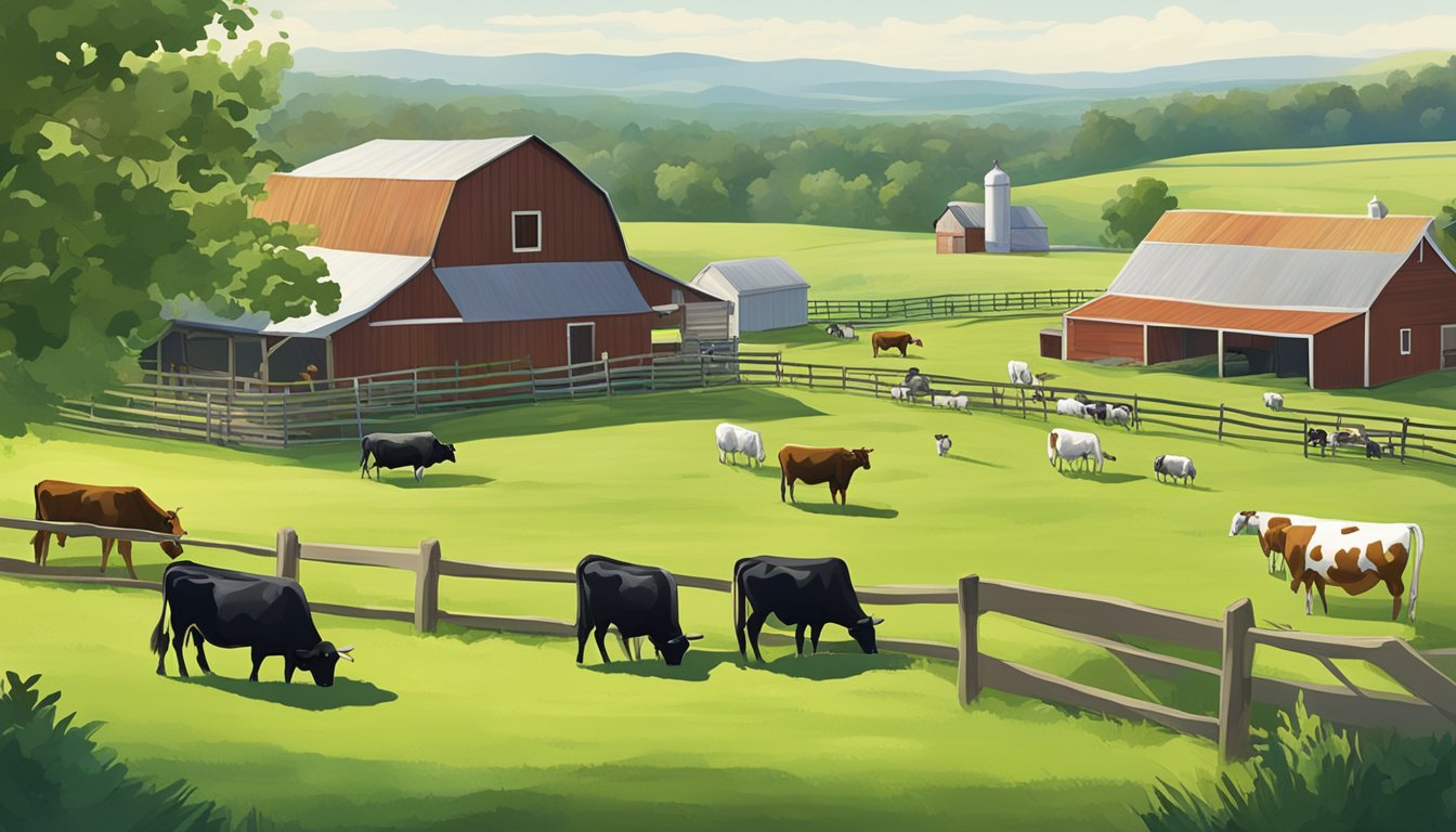 A sprawling farm with cattle grazing in a lush green pasture, bordered by fences and a barn in the distance