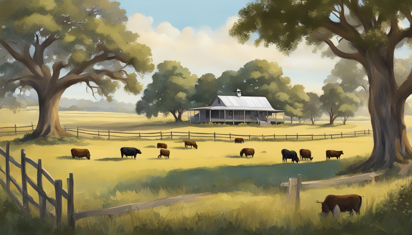 A rural landscape in Live Oak County, Texas, with a farmhouse, fields, and livestock, all eligible for agricultural exemption