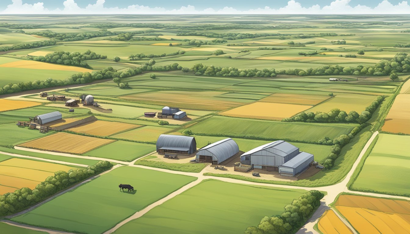 A sprawling landscape of farmland in Kaufman County, Texas, with fields of crops, grazing livestock, and agricultural equipment