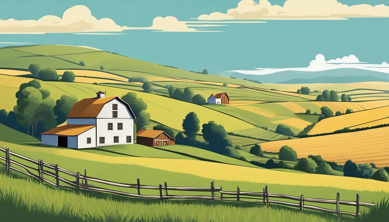 A rural landscape with a farmhouse, barn, and grazing fields, surrounded by rolling hills and a clear blue sky