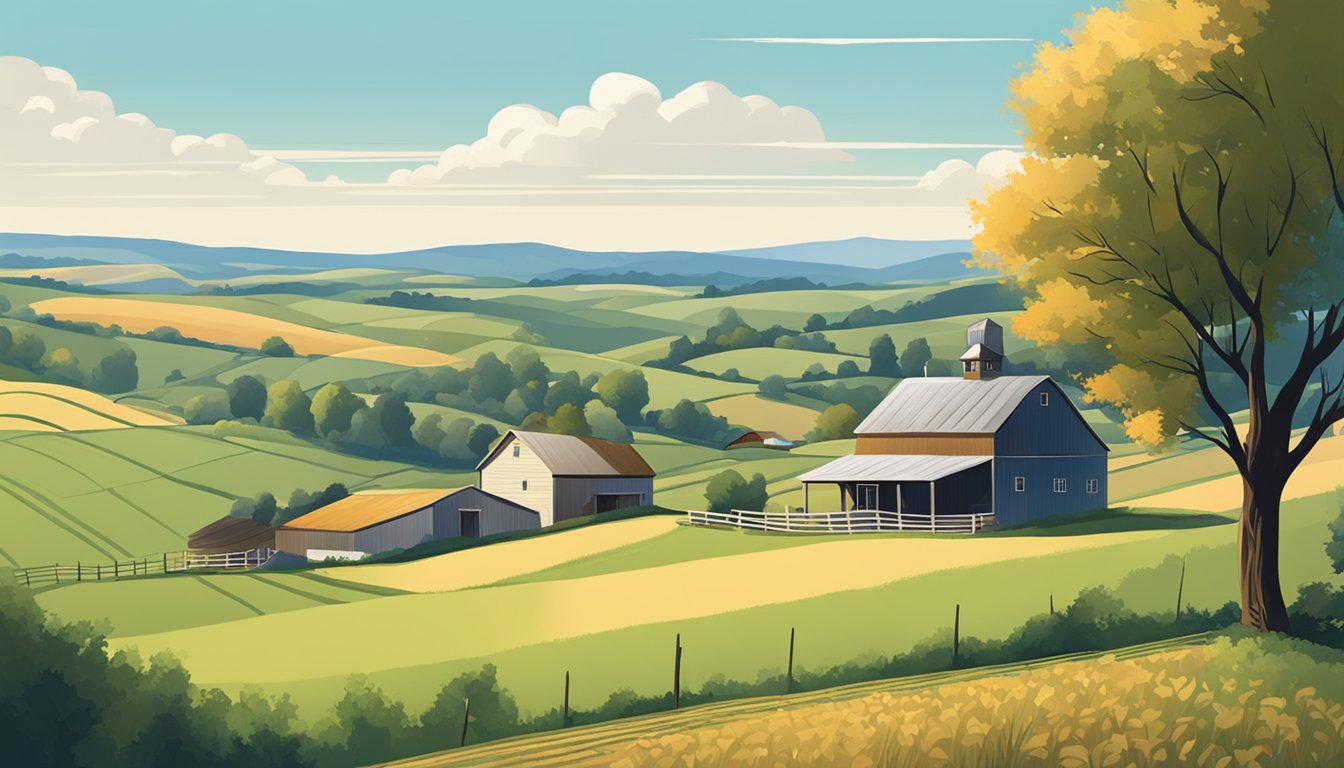 A rural landscape with a farmhouse, barn, and fields, surrounded by rolling hills and a clear blue sky