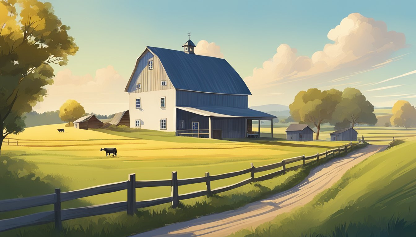 A rural landscape with a farmhouse, barn, and grazing cattle, surrounded by fields and a clear blue sky