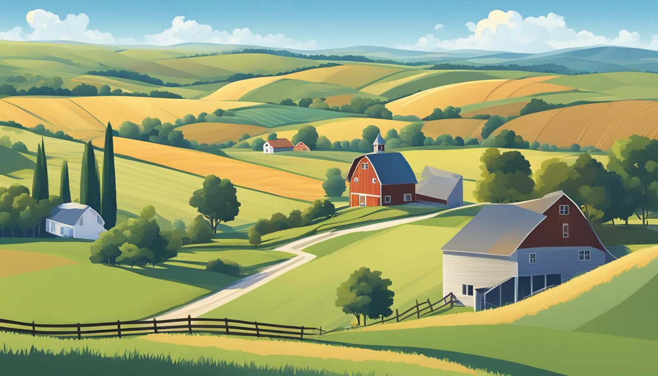 A rural landscape with a farmhouse, barn, and fields surrounded by rolling hills, under a clear blue sky