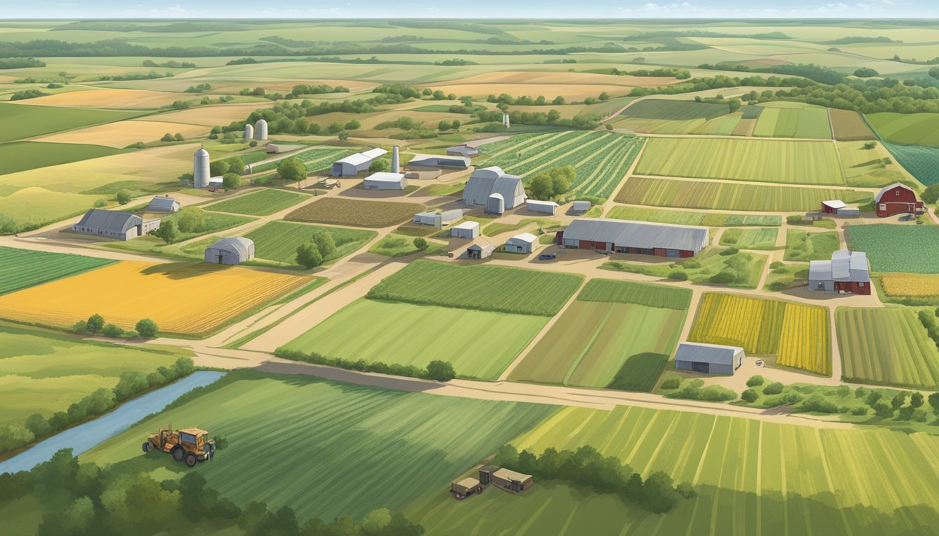 A sprawling farm in Johnson County, Texas, with fields of crops, grazing livestock, and agricultural equipment