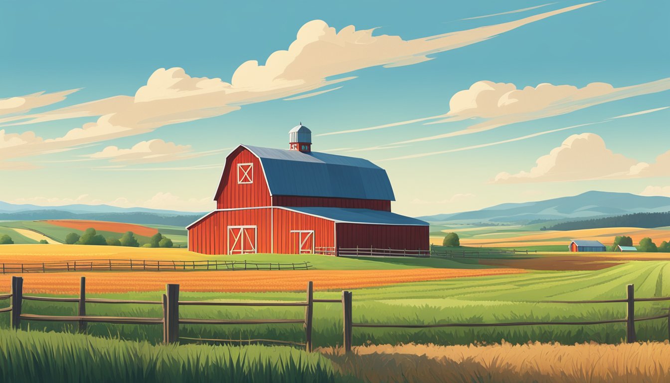 A vast field of crops stretches across the flat landscape, bordered by a rustic wooden fence. A red barn stands in the distance, surrounded by rolling hills and a clear blue sky