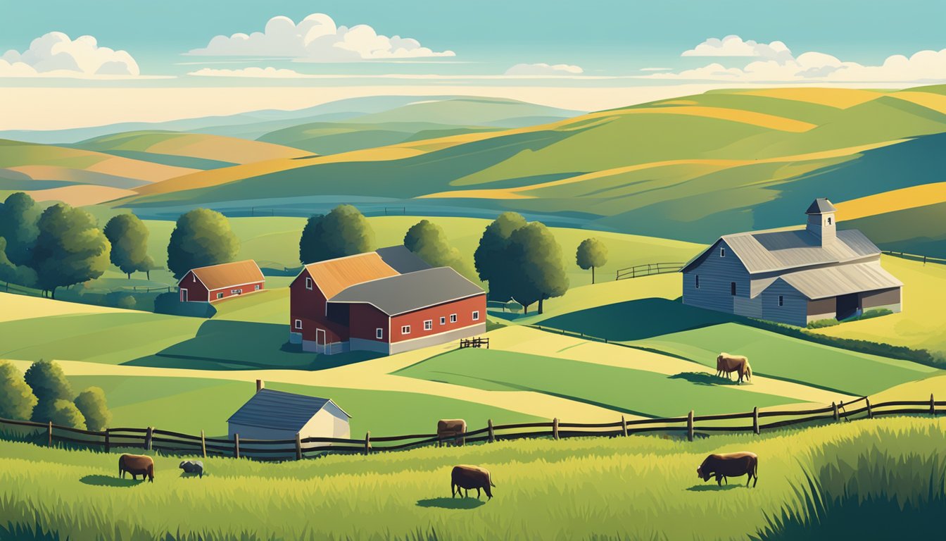 A rural landscape with a farmhouse, barn, and livestock grazing in a field, surrounded by rolling hills and a clear blue sky