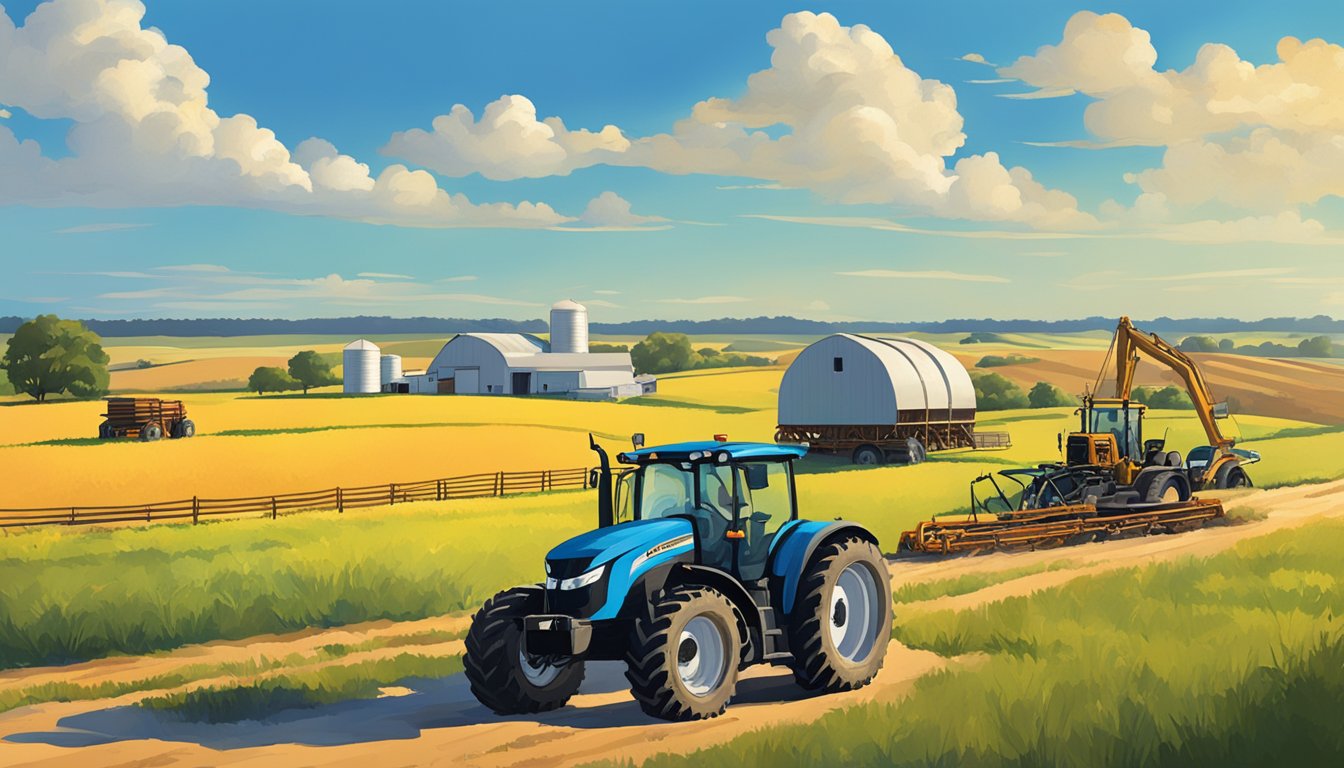 A rural landscape in Jim Wells County, Texas with farmland, livestock, and agricultural equipment, under a bright blue sky