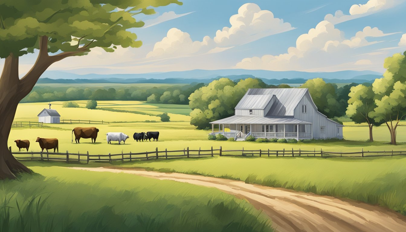 A rural landscape in Limestone County, Texas, with a farmhouse, fields, and livestock, illustrating the process of valuation and appraisal for agricultural exemption