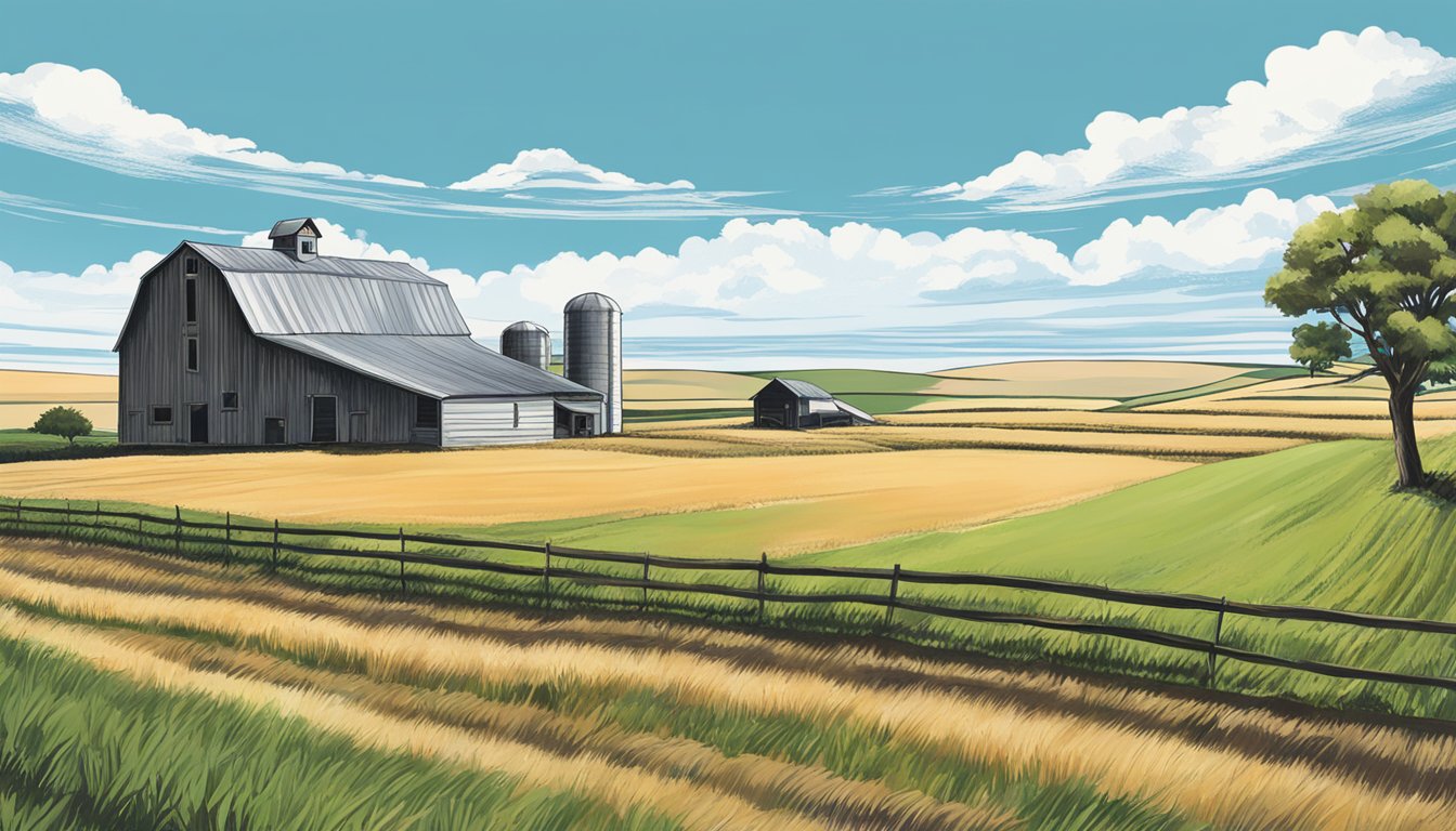 A rural landscape with a farmhouse, barn, and fields of crops under a clear blue sky in Jim Wells County, Texas