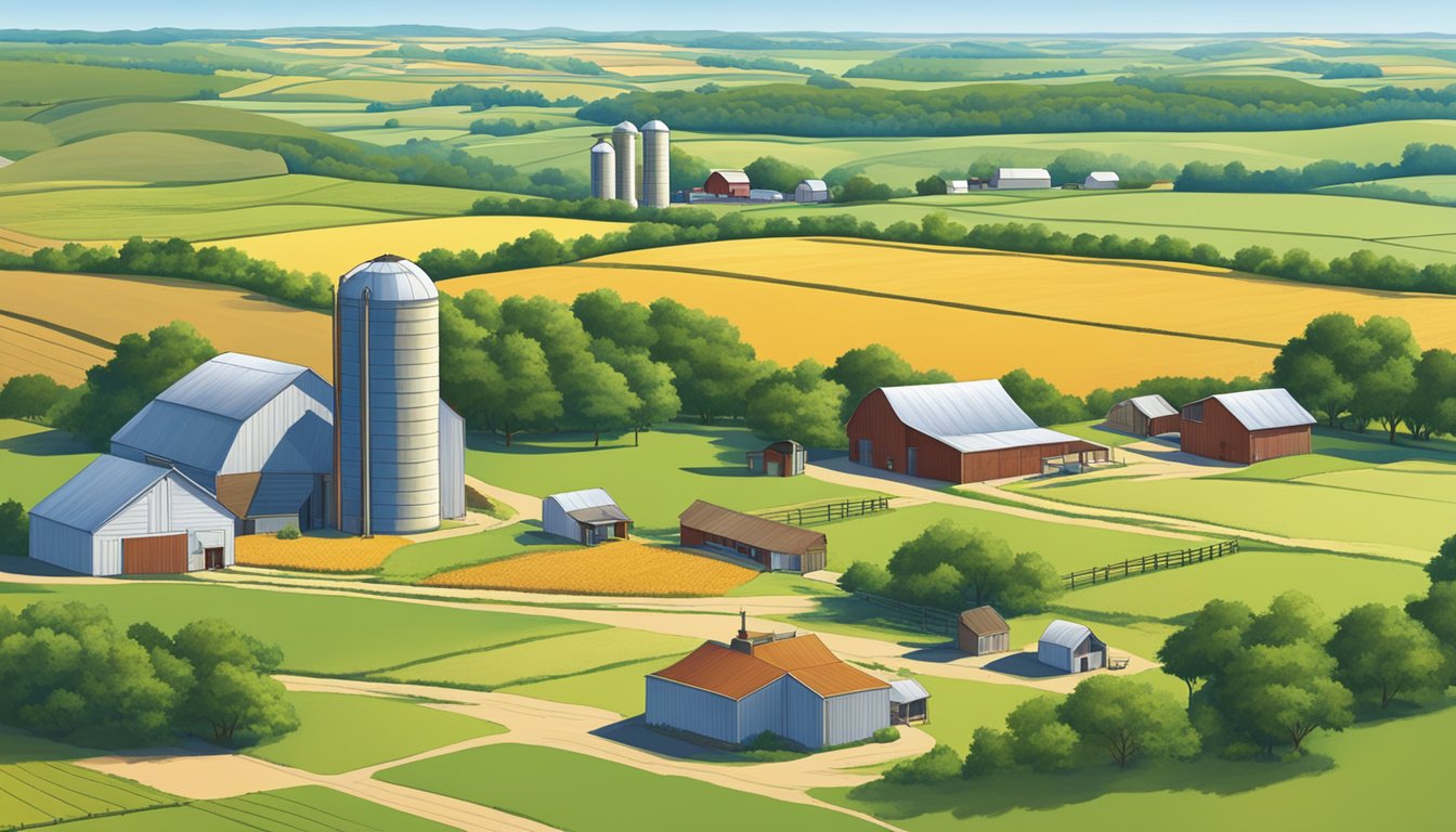 A rural landscape in Limestone County, Texas with agricultural fields, farm buildings, and livestock, set against a backdrop of rolling hills and a clear blue sky