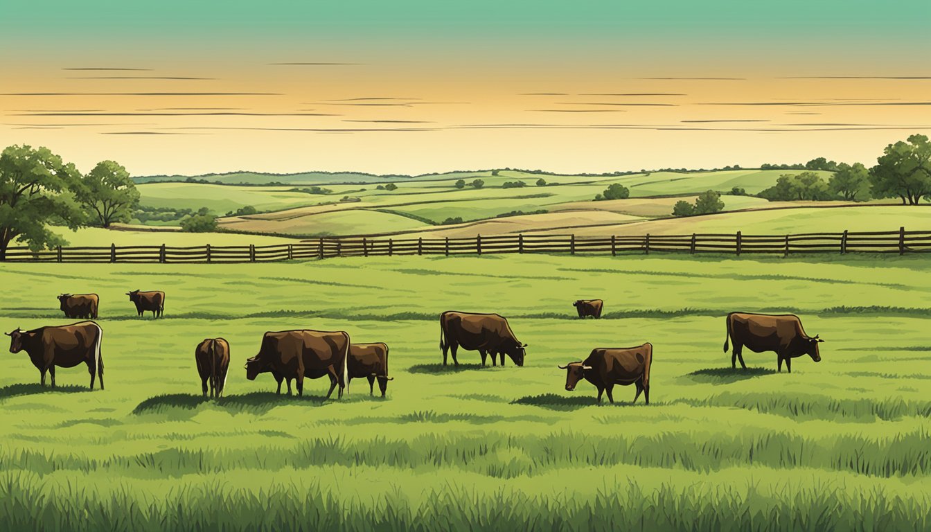 Rolling fields of green and brown stretch out under the Texas sun, dotted with grazing cattle and bordered by a rustic fence