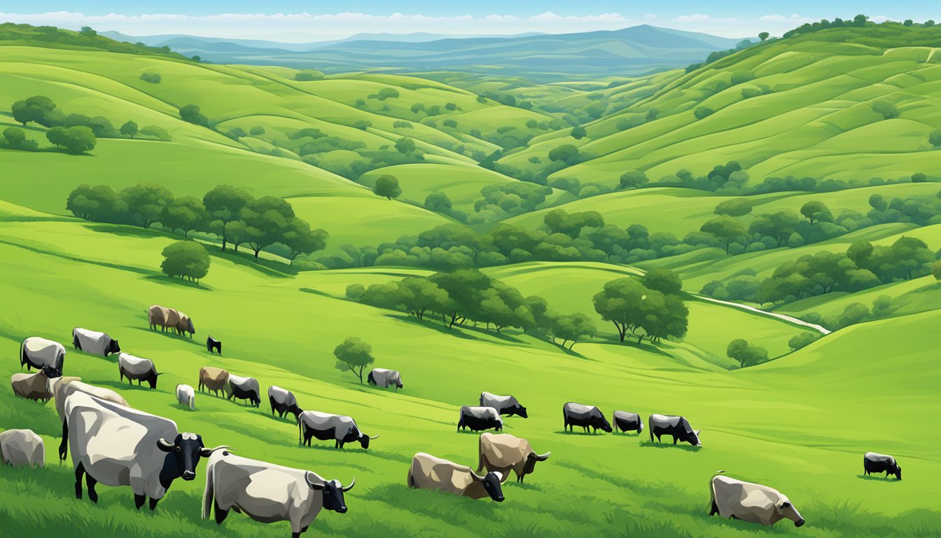 Rolling hills of green pastures dotted with grazing cattle, bordered by a clear blue sky and a backdrop of limestone cliffs