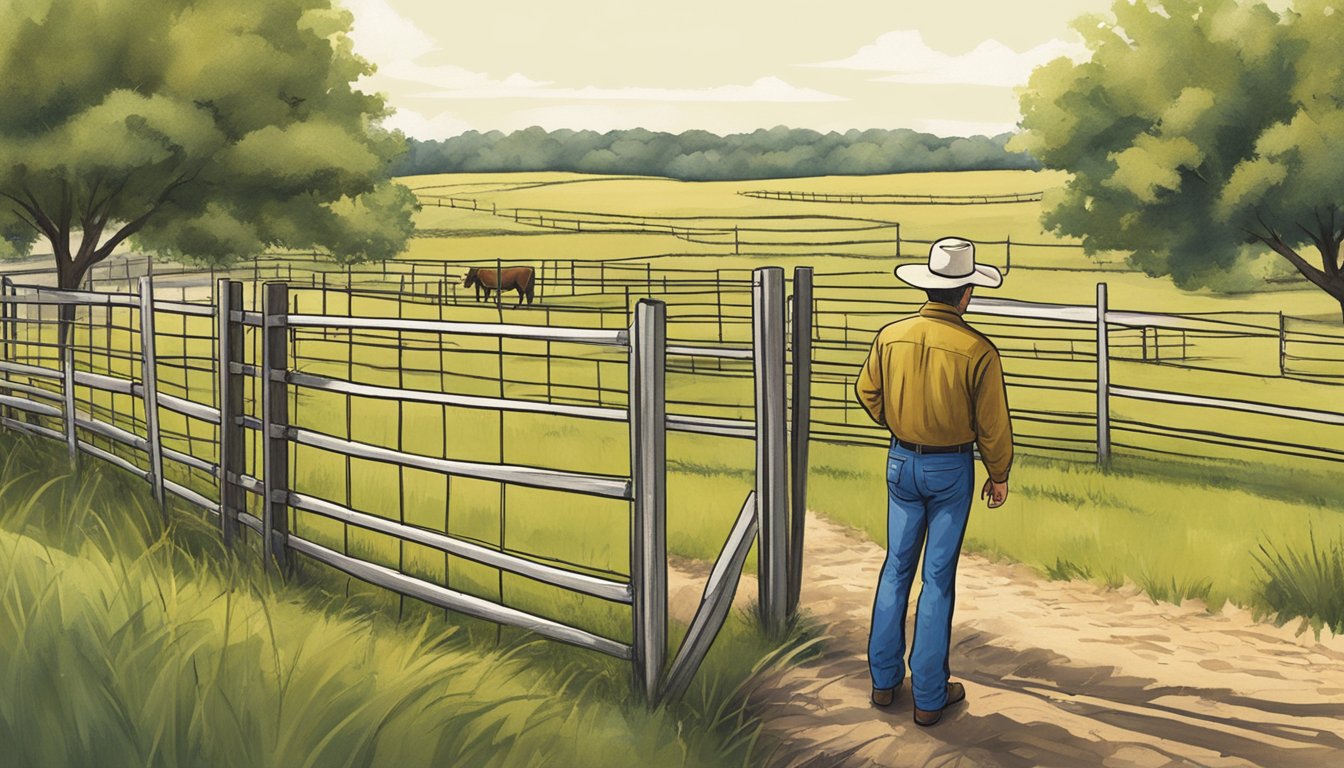 A rancher inspecting fences and maintaining land in limestone county, Texas for agricultural exemption compliance