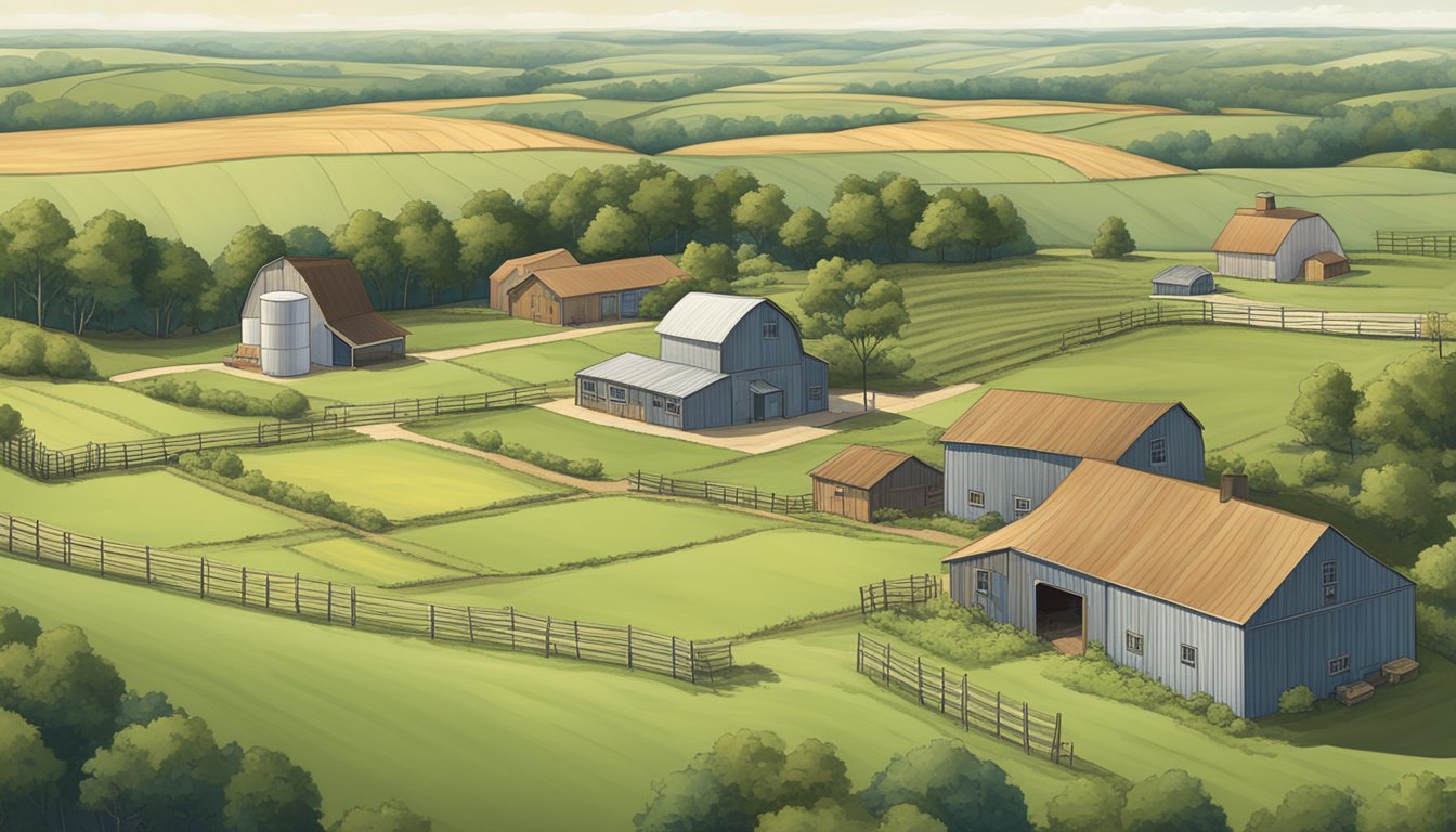 A rural landscape with a farmhouse, barn, and fields, surrounded by fences and marked with signs indicating "Continued Compliance and Periodic Review jefferson county texas ag exemption."