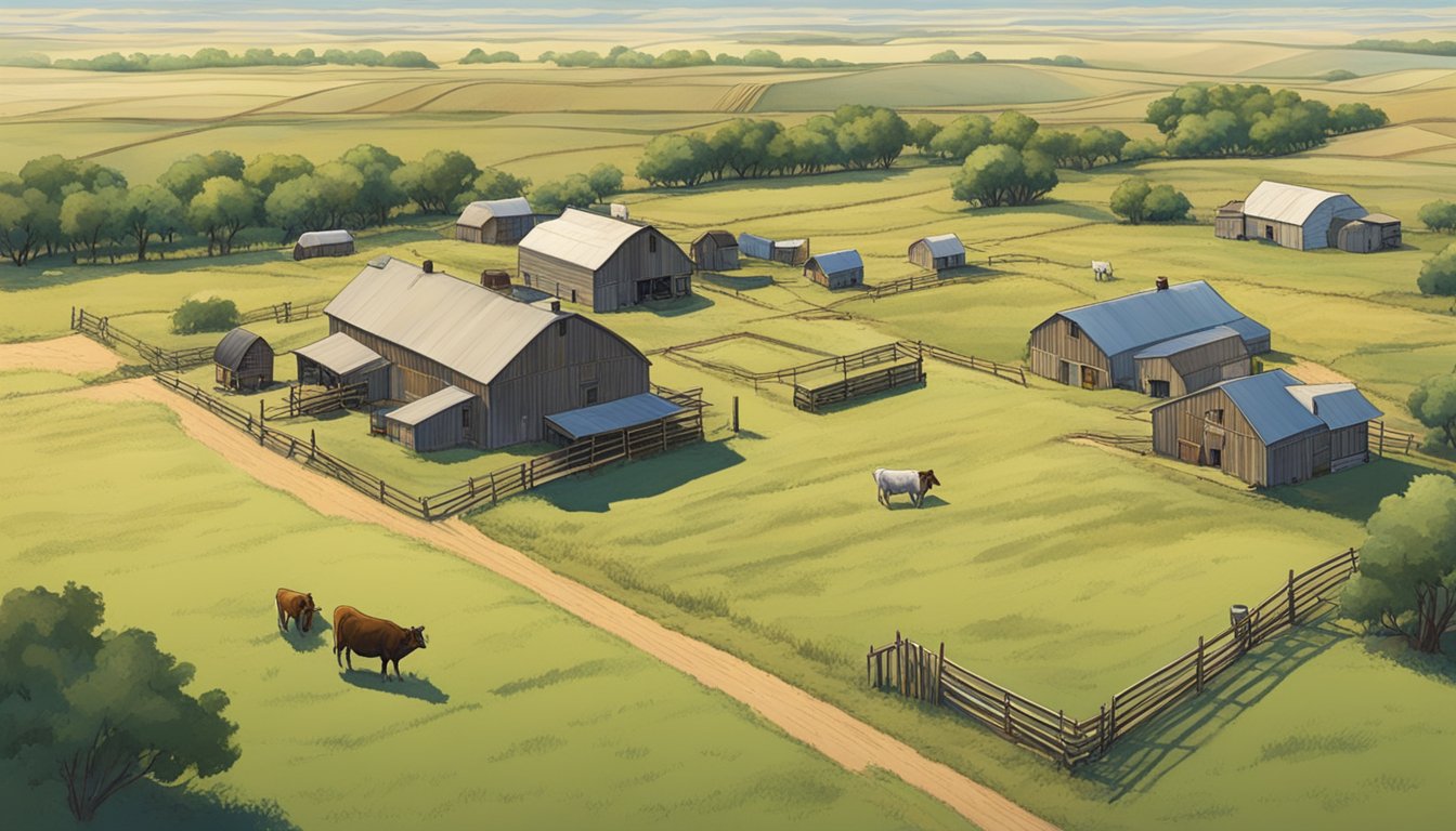 A sprawling agricultural landscape in Jim Wells County, Texas, featuring wide open fields, grazing livestock, and a rustic farmhouse