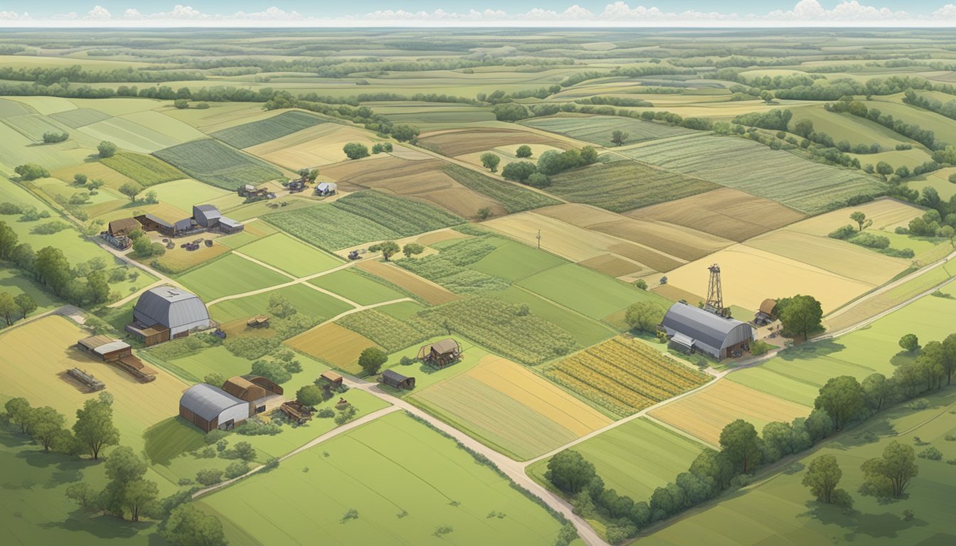 A sprawling rural landscape in Jefferson County, Texas, with a mix of farmland and open fields, dotted with livestock and agricultural equipment