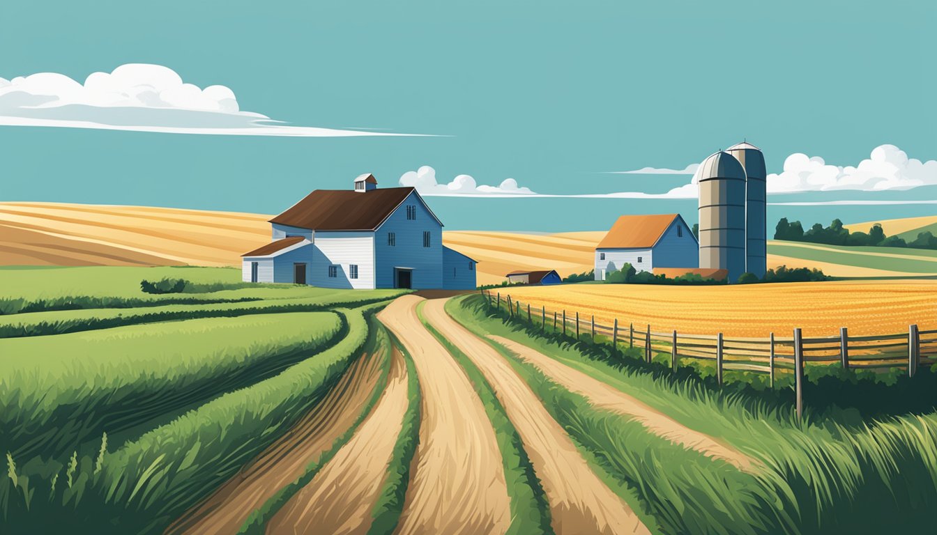 A rural landscape with a farmhouse, barn, and fields of crops under a clear blue sky