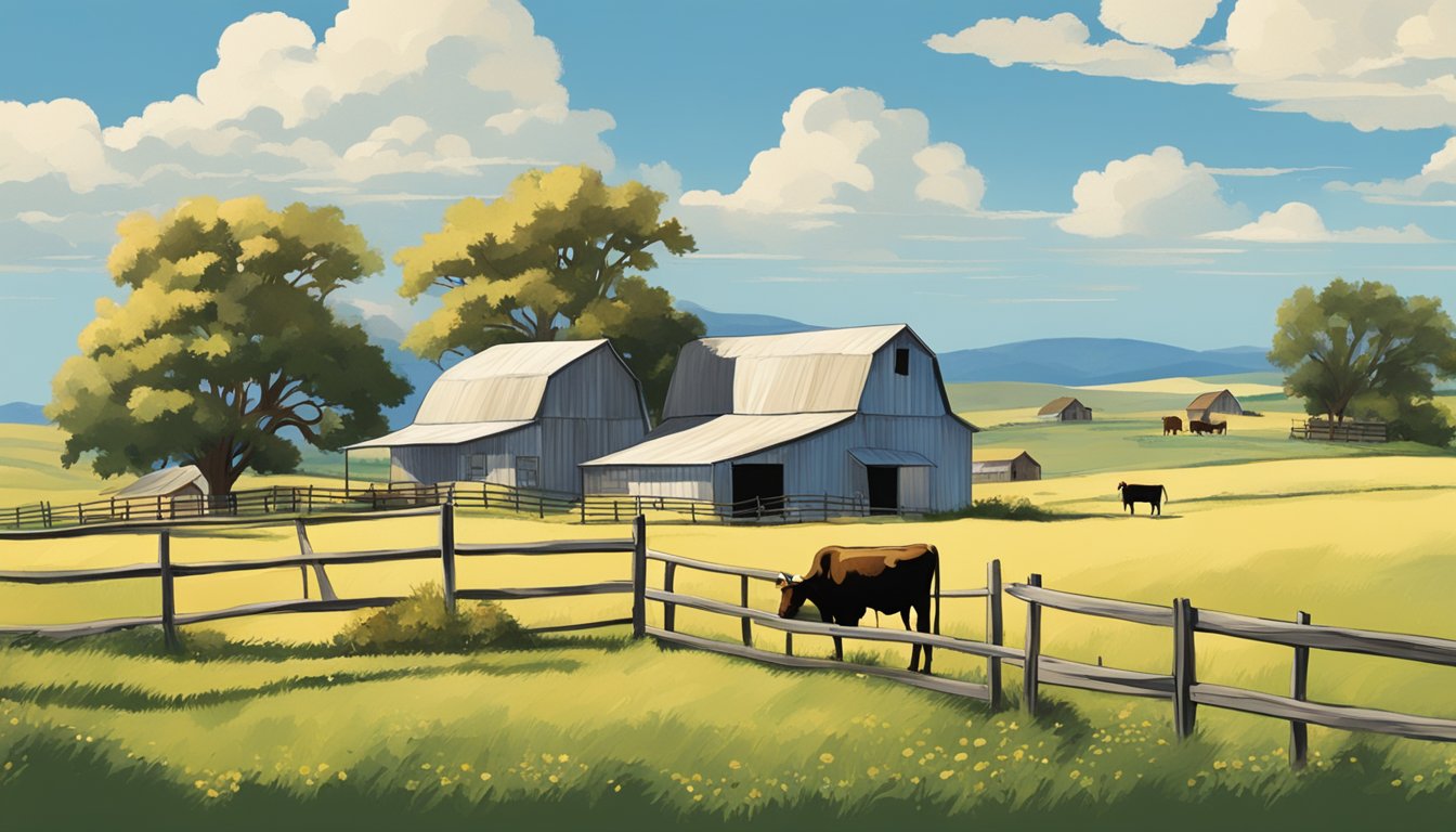 A rural Texas landscape with a farmhouse, barn, and cattle grazing in a field, with a clear blue sky overhead