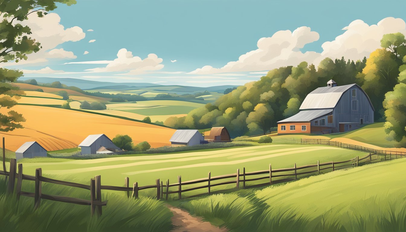 A rural landscape with a farmhouse, barn, and fields, surrounded by rolling hills and a clear blue sky