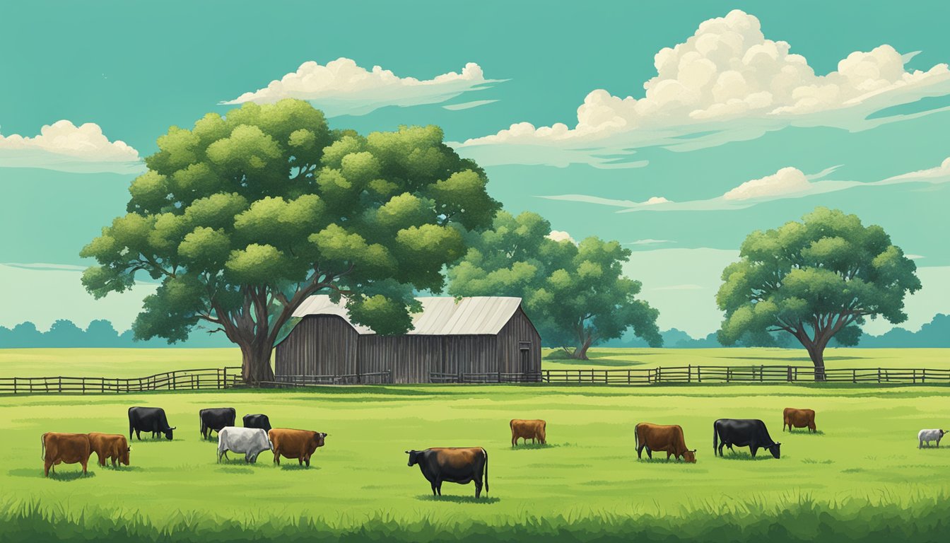 Rolling fields of green pastures with grazing cattle, a rustic barn, and a clear blue sky overhead in Lavaca County, Texas