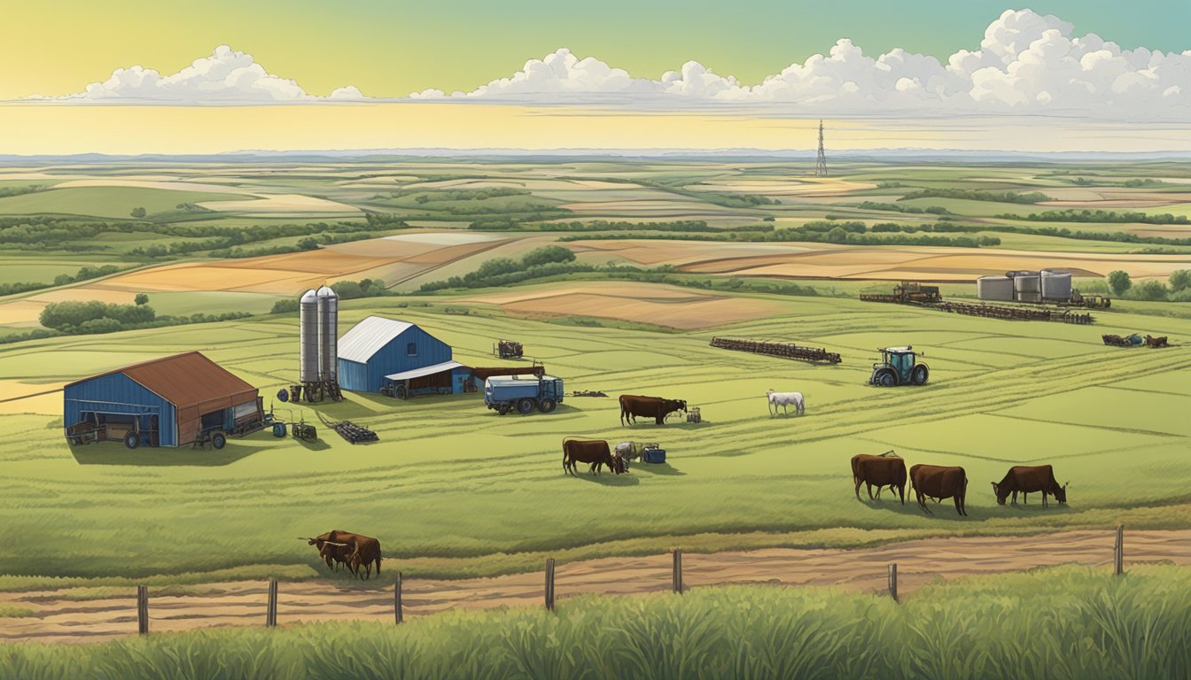 A vast Texas landscape with cattle grazing, fields of crops, and farm equipment in Jeff Davis County