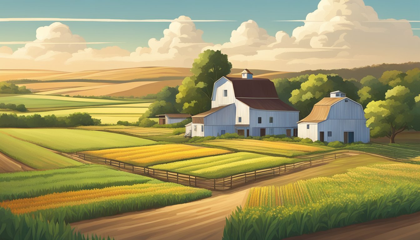 A rural landscape with a farmhouse, barn, and fields of crops under a bright, sunny sky in Jeff Davis County, Texas