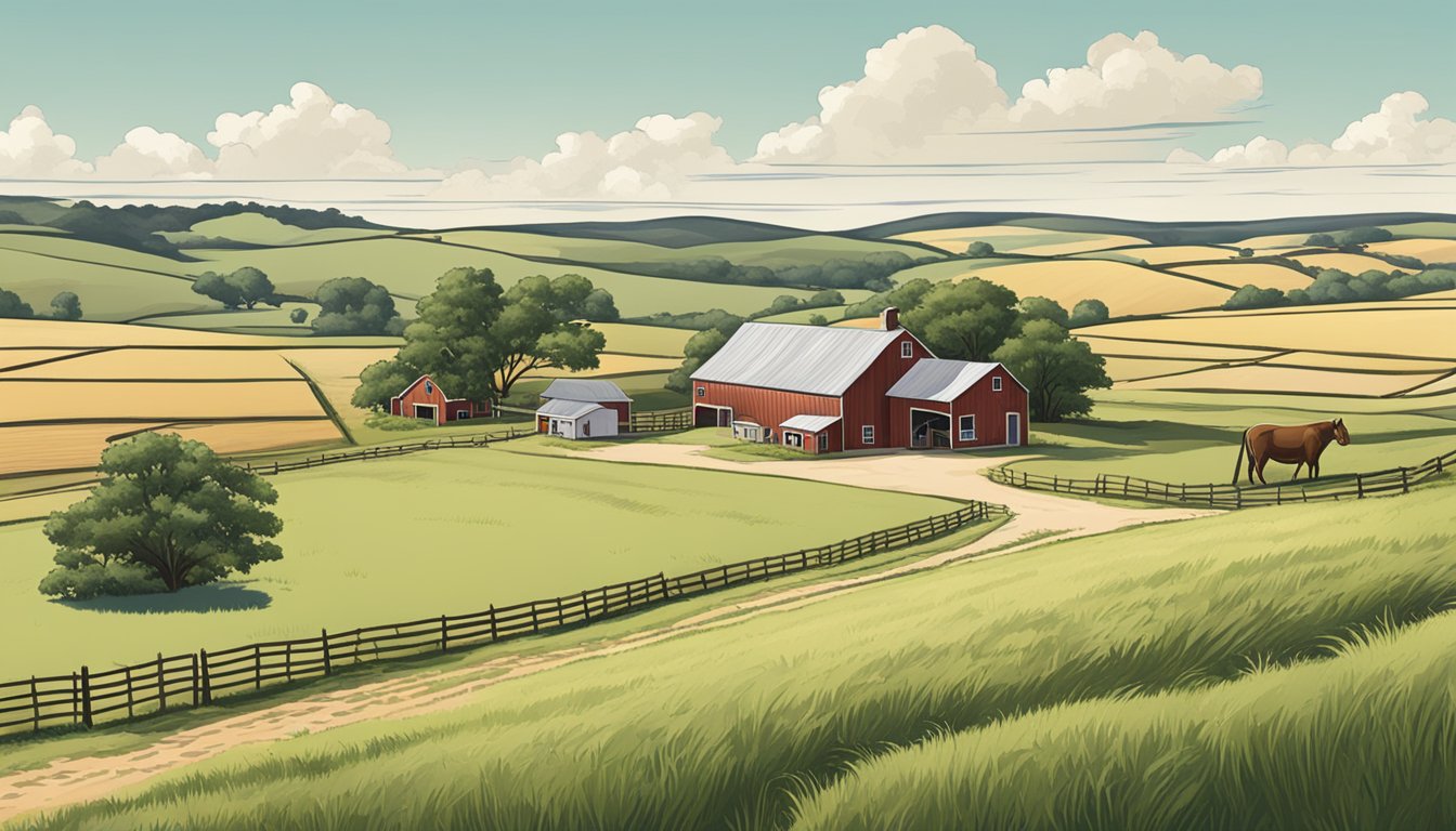 A rural landscape with a farmhouse, barn, and grazing livestock surrounded by fields and rolling hills in Jeff Davis County, Texas