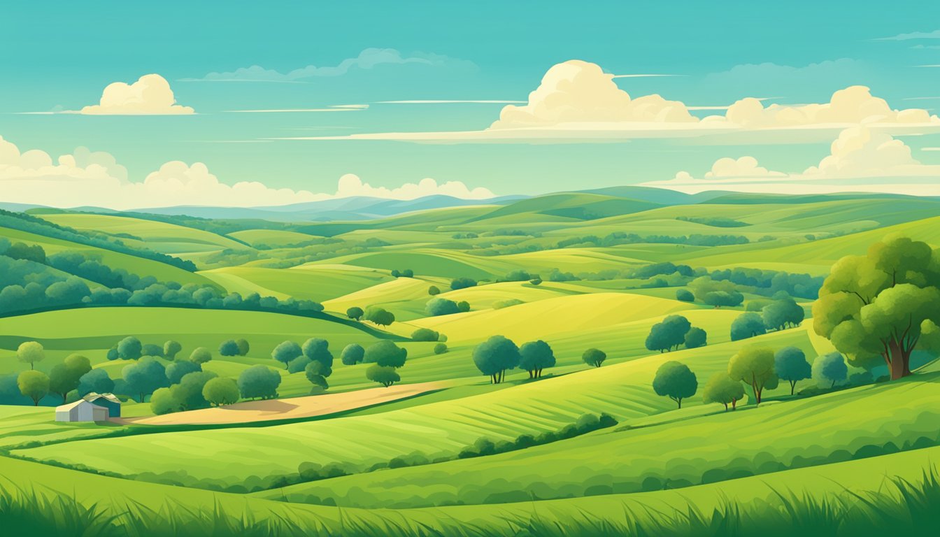 Rolling hills of green pastures dotted with grazing livestock and bordered by fields of crops under a bright blue sky