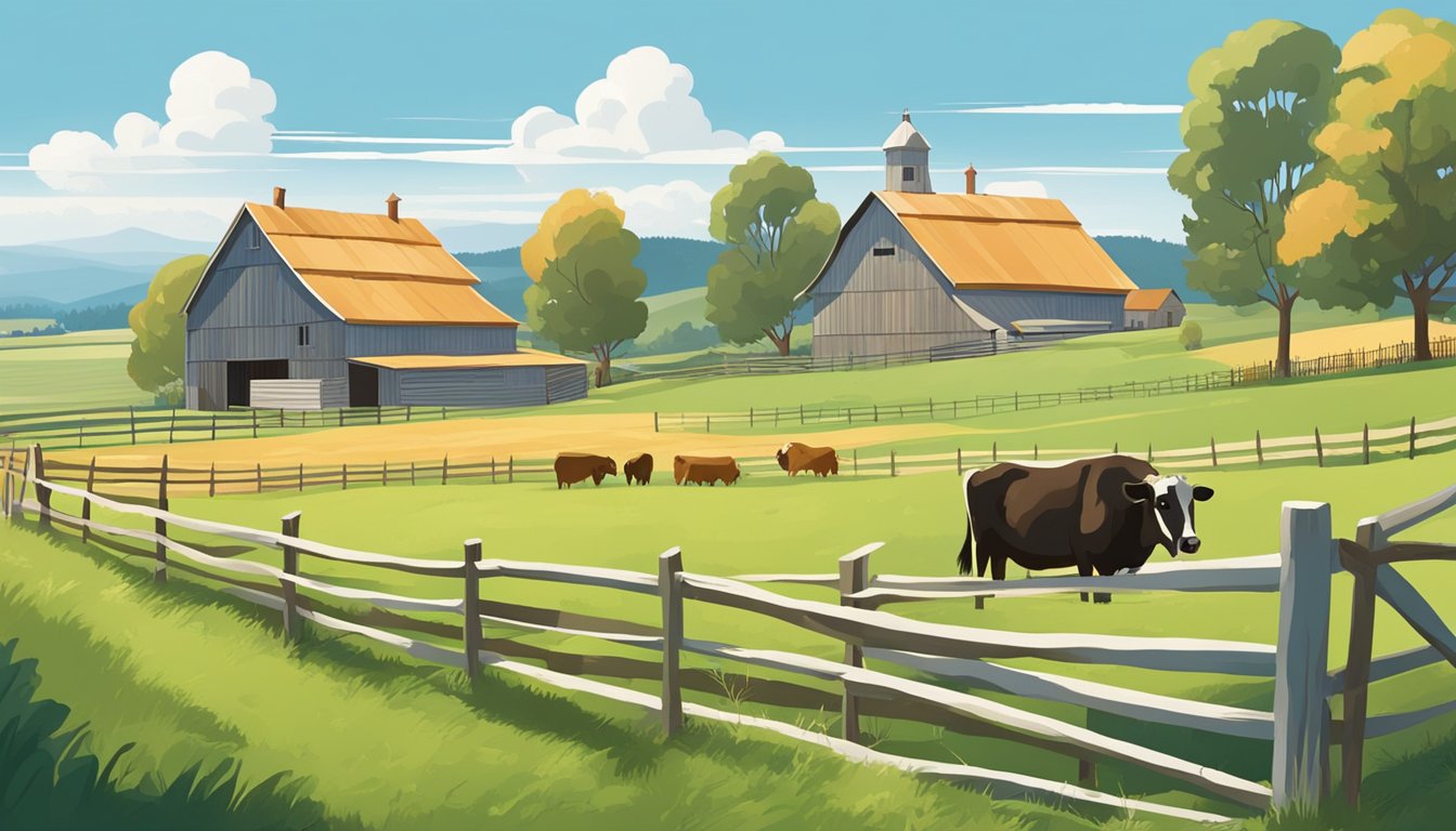 A rural landscape with a farmhouse, barn, and grazing livestock, surrounded by fields and fences, under a clear blue sky