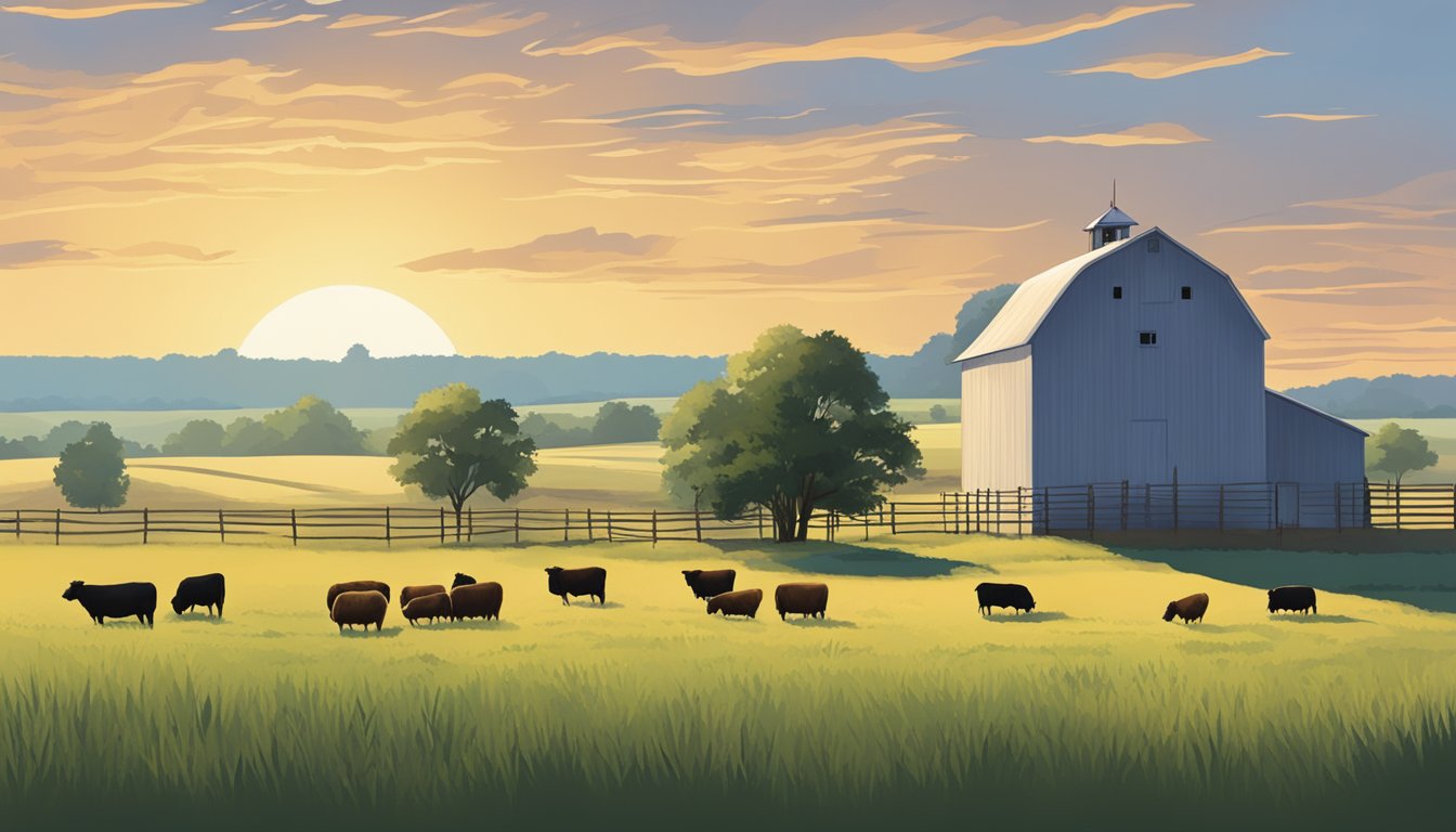 A rural landscape in Lamar County, Texas, with agricultural land, a farmhouse, and livestock grazing under a clear sky