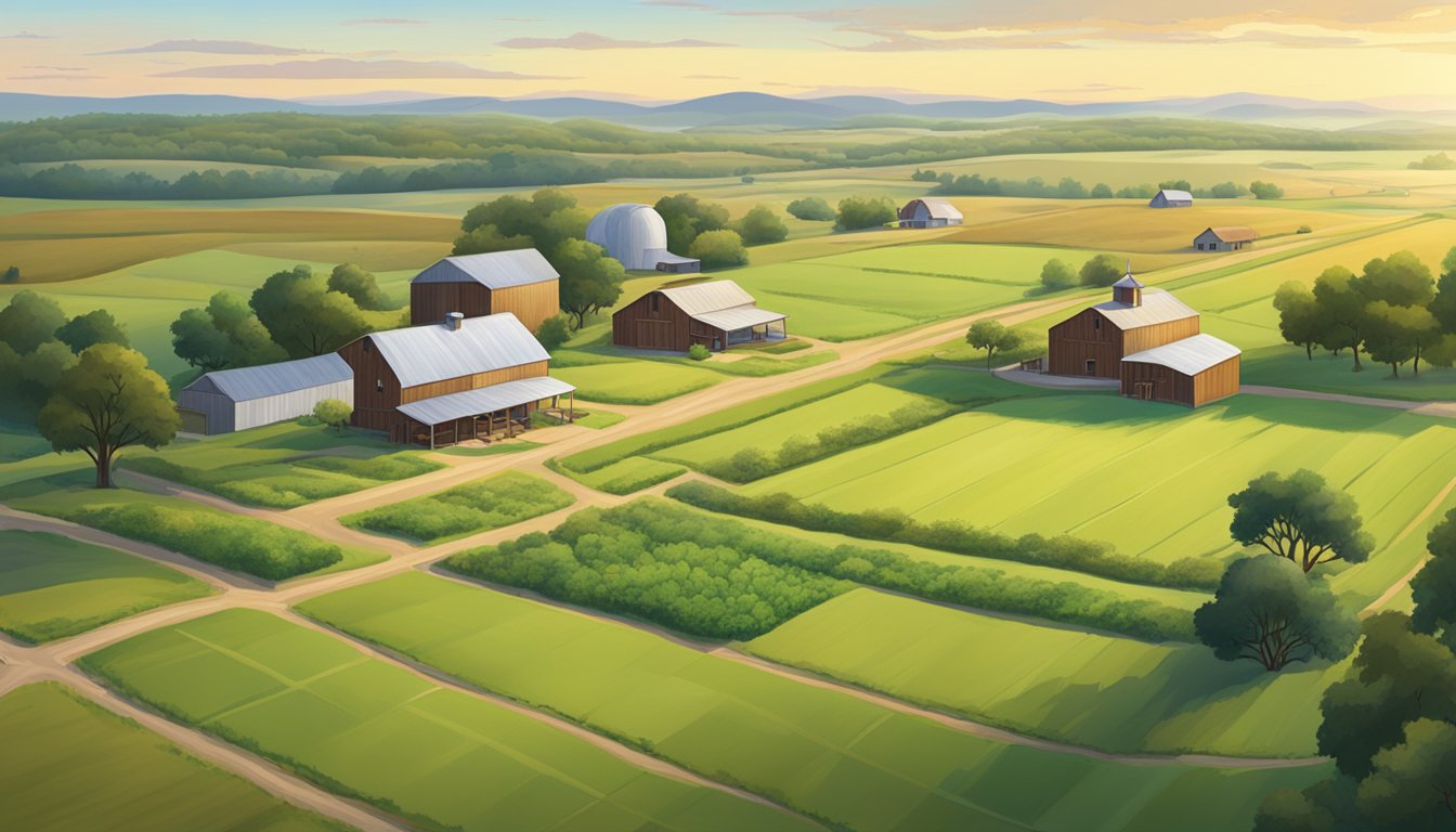 A sprawling rural landscape in Lamar County, Texas, with fields of crops, grazing livestock, and a farmhouse surrounded by greenery