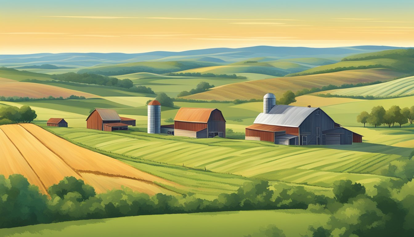 A rural landscape in Jack County, Texas with a farmhouse, barn, and fields of crops or livestock, surrounded by rolling hills and open sky