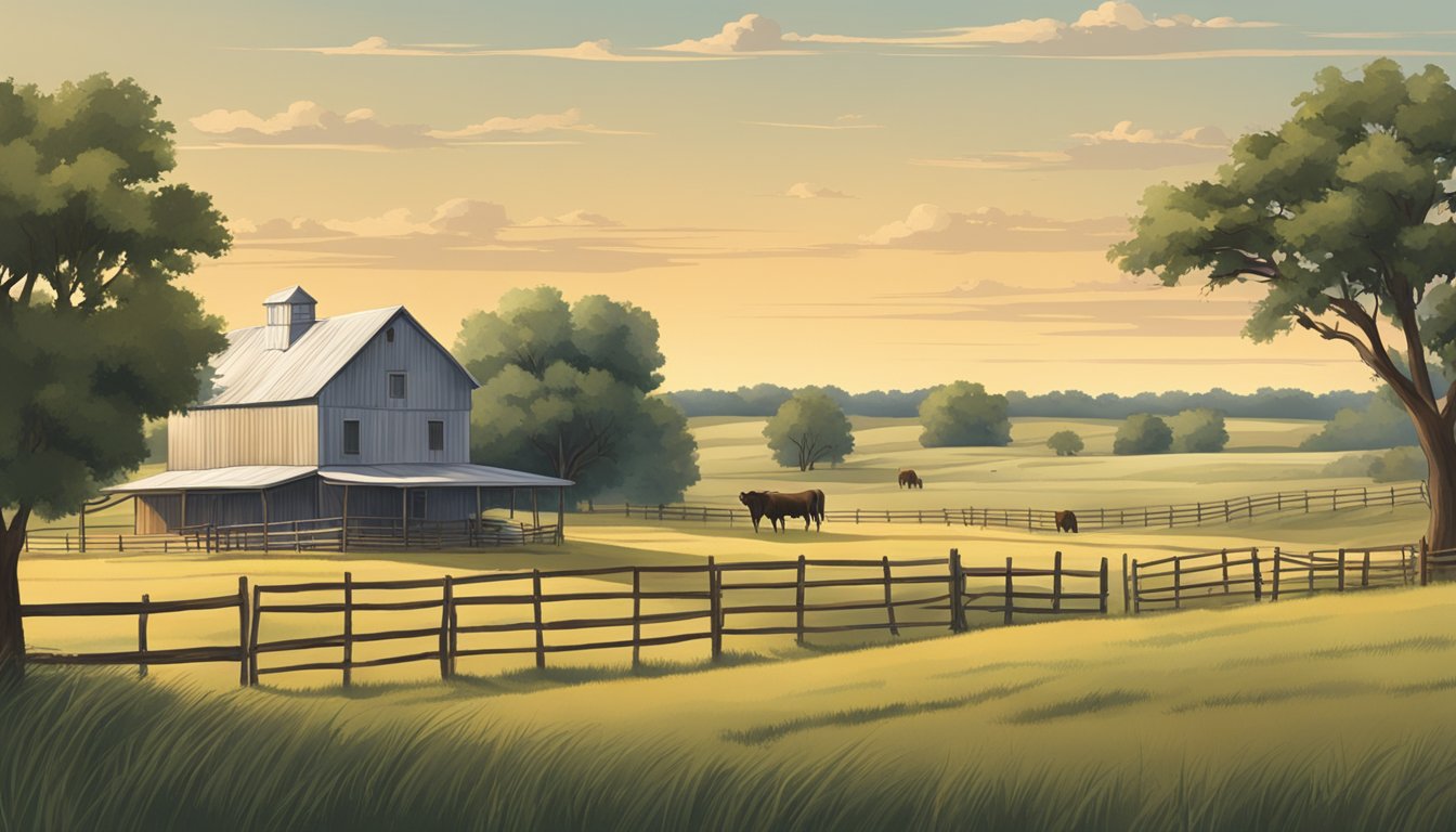 A rural landscape with a farmhouse, barn, and grazing livestock in Jack County, Texas