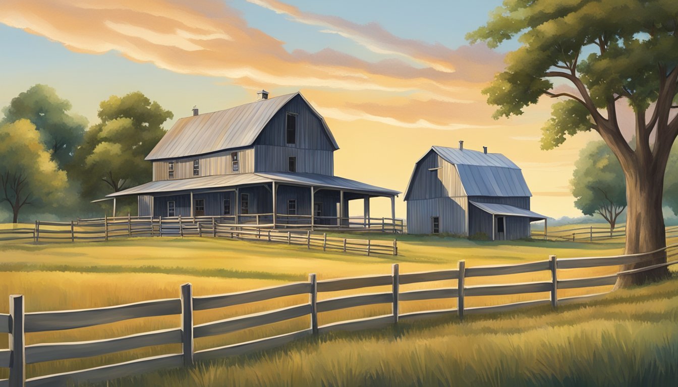 A rural landscape in Jack County, Texas, with a farmhouse, barn, and open fields, all surrounded by a fence