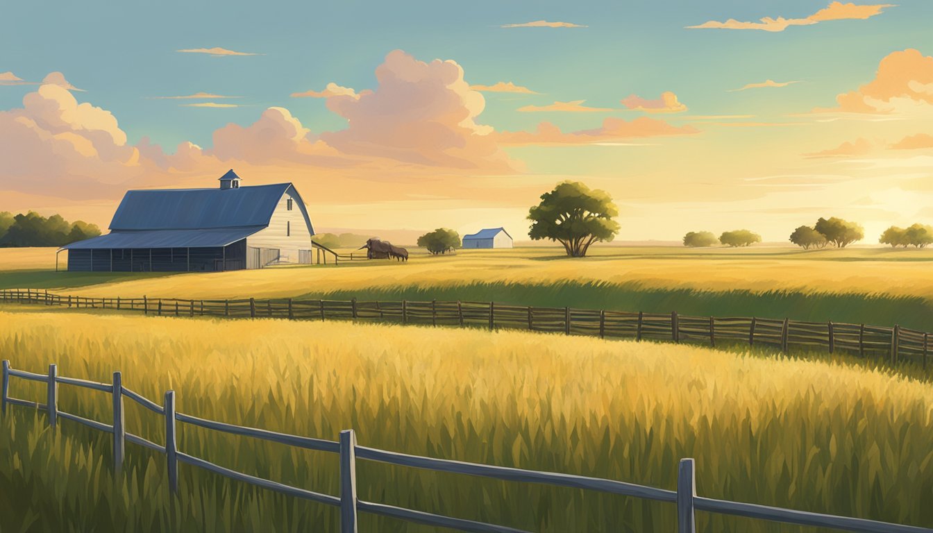 A sunlit field in Jack County, Texas, with rows of crops and grazing livestock, surrounded by a fence and a farmhouse in the distance