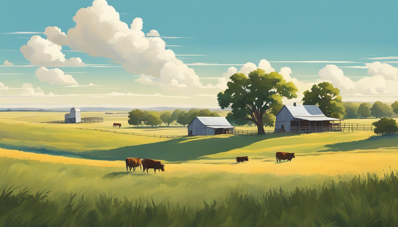 A vast Texas landscape with rolling fields, grazing cattle, and a farmhouse under a bright blue sky