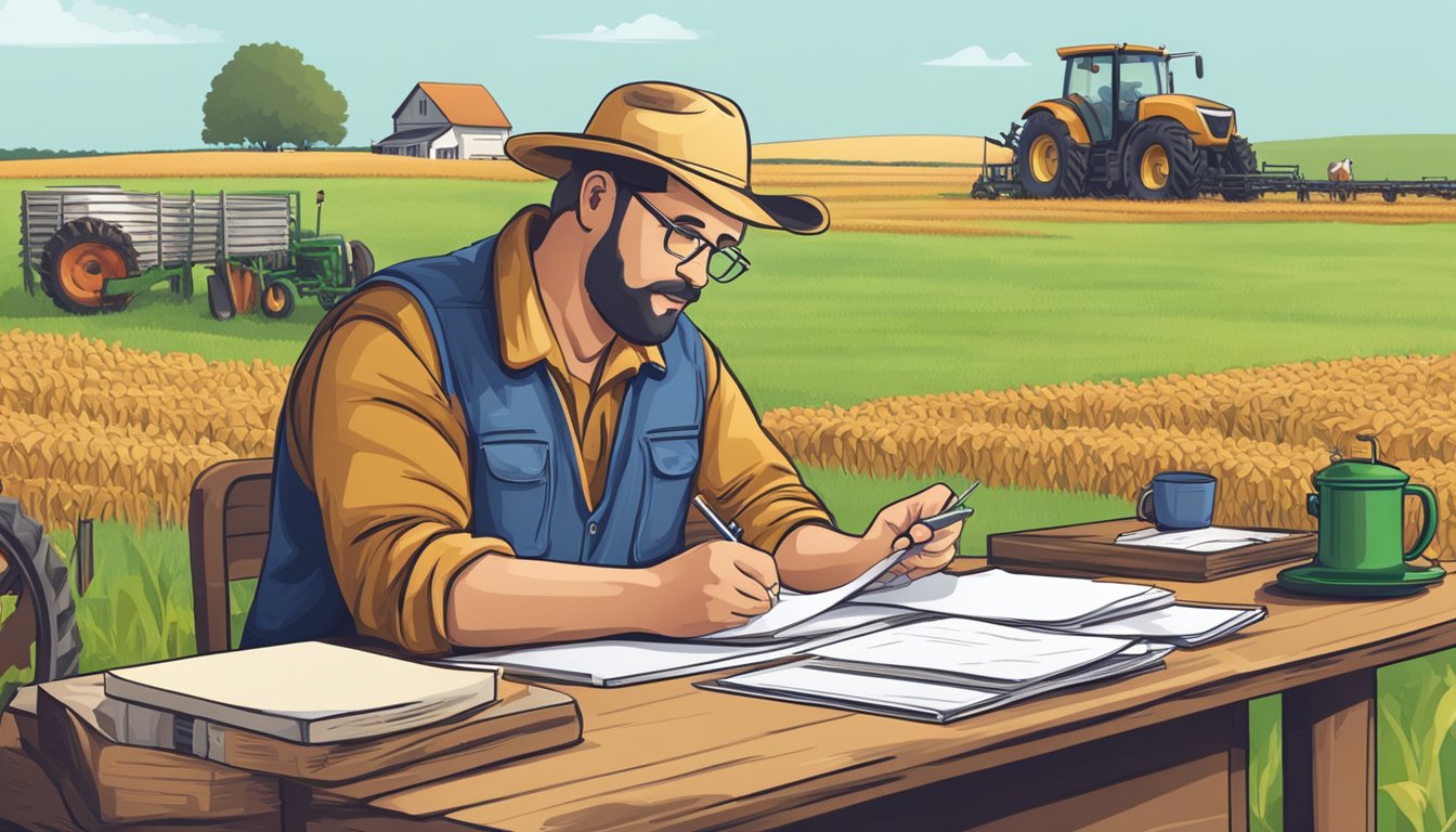 A farmer filling out paperwork at a desk with agricultural equipment and livestock in the background