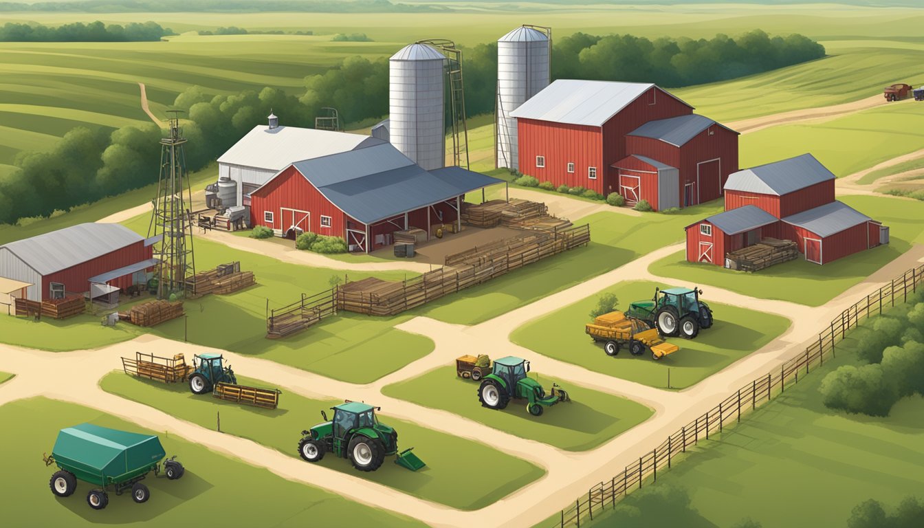 A rural landscape in Kenedy County, Texas with a farm, livestock, and agricultural equipment to depict eligibility criteria for ag exemptions