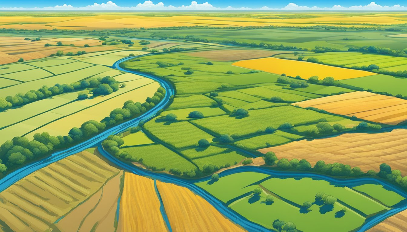 A sprawling agricultural landscape in Hutchinson County, Texas, with fields of crops and grazing livestock, under a bright blue sky