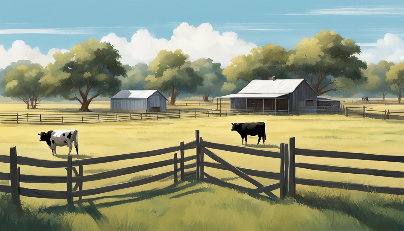 A ranch in Kenedy County, Texas with cattle grazing in fields, surrounded by fences and a small farmhouse, under a clear blue sky